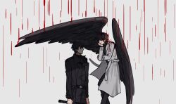Rule 34 | 2boys, belt, black hair, black pants, black shirt, black wings, coat, commentary, demon horns, feathered wings, grey background, hand on own chin, highres, horns, kim dokja, looking at another, male focus, mixed-language commentary, multiple boys, omniscient reader&#039;s viewpoint, pants, profile, shirt, short hair, slugrab, standing, white coat, wings, yoo joonghyuk