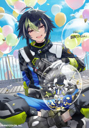 Rule 34 | 1boy, :d, ahoge, balcony, black hair, black jacket, black pants, cloud, confetti, copyright name, crossed legs, full body, gloves, green hair, hair ornament, hairclip, happy birthday, inami rai, jacket, looking at viewer, male focus, multicolored clothes, multicolored hair, nijisanji, official art, open mouth, pants, potti-p, purple eyes, sky, smile, solo, streaked hair, teeth, two-tone hair, upper teeth only, virtual youtuber