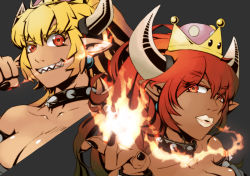 Rule 34 | 2girls, armlet, bad id, bad pixiv id, bare shoulders, black collar, black nails, blonde hair, bowsette, bracelet, breasts, breath weapon, breathing fire, cleavage, collar, collarbone, commentary request, crown, dark-skinned female, dark skin, earrings, eyelashes, eyes visible through hair, fingernails, fire, grin, hair between eyes, hand up, high ponytail, horns, jewelry, lips, lipstick, looking at viewer, makeup, mario (series), mihira (tainosugatayaki), multiple girls, nail polish, new super mario bros. u deluxe, nintendo, parted lips, pointy ears, ponytail, red eyes, red hair, sharp teeth, shiny skin, sidelocks, smile, spiked armlet, spiked bracelet, spiked collar, spikes, super crown, teeth