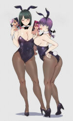 Rule 34 | 2girls, alp, animal ears, artist self-reference, ass, back, black footwear, black leotard, blush, book, bow, bowtie, breasts, brown pantyhose, censored, closed mouth, collarbone, commentary request, copyright request, cover, cover page, covered navel, detached collar, doujin cover, eyebrows hidden by hair, fake animal ears, full body, glasses, green hair, grey background, hair ornament, hand on own hip, high heels, highres, holding, holding book, kneepits, large breasts, legs, leotard, looking at viewer, looking away, meta, multiple girls, navel, open mouth, pantyhose, playboy bunny, purple eyes, purple hair, rabbit ears, rabbit girl, rabbit tail, red eyes, side-tie leotard, simple background, standing, sweat, tail, twintails, wide hips, wrist cuffs