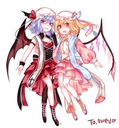 Rule 34 | 2girls, alternate costume, bare legs, bat wings, black footwear, black wings, blonde hair, boots, breasts, commentary request, cross, fangs, flandre scarlet, full body, garter straps, gem, hat, hat ribbon, highres, layered skirt, long sleeves, looking at viewer, mob cap, multiple girls, open mouth, pink footwear, pink hat, pink skirt, puffy long sleeves, puffy sleeves, red eyes, red ribbon, red skirt, remilia scarlet, ribbon, shan, siblings, simple background, single thighhigh, sisters, skirt, small breasts, smile, thighhighs, touhou, white background, white hat, wings, wrist cuffs