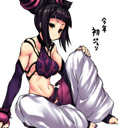 Rule 34 | 1girl, bad id, bad pixiv id, baggy pants, bare shoulders, barefoot, belt, black hair, bracelet, breasts, capcom, detached sleeves, drill hair, elbow gloves, fingerless gloves, gloves, halterneck, han juri, impossible clothes, impossible shirt, jewelry, medium breasts, nail polish, navel, pants, purple eyes, shirt, sideboob, simple background, sitting, solo, spiked bracelet, spikes, strapless, street fighter, street fighter iv (series), tamasaa, toeless legwear, toenail polish, toenails, translation request, tube top, twin drills