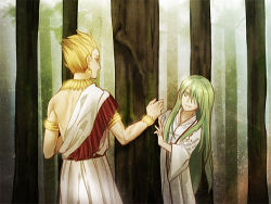 Rule 34 | 2boys, bad id, blonde hair, enkidu (fate), fate/strange fake, fate/zero, fate (series), forest, gilgamesh (fate), green hair, hair slicked back, lowres, multiple boys, nature, official alternate costume, sindri, tree