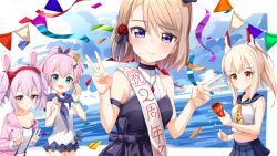 Rule 34 | 4girls, :d, ame., anchor symbol, animal ears, ayanami (azur lane), azur lane, black dress, black ribbon, blue eyes, blue sailor collar, blue skirt, blue sky, blush, breasts, brown hair, camisole, closed mouth, cloud, cloudy sky, commentary request, confetti, day, double v, dress, flower, fur-trimmed sleeves, fur trim, hair between eyes, hair flower, hair ornament, hair ribbon, hairband, headgear, high ponytail, jacket, javelin (azur lane), laffey (azur lane), light brown hair, long hair, long sleeves, midriff, multiple girls, navel, off shoulder, open clothes, open jacket, open mouth, party popper, pennant, pink hair, pink jacket, pleated skirt, ponytail, purple eyes, purple hair, purple ribbon, rabbit ears, red eyes, red flower, red hairband, red rose, ribbon, rose, sailor collar, sash, school uniform, serafuku, shirt, skirt, sky, sleeveless, sleeveless dress, sleeveless shirt, small breasts, smile, streamers, string of flags, v, water, white camisole, white shirt, yellow neckwear, z23 (azur lane)