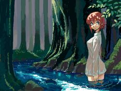 Rule 34 | 1girl, blouse, blue eyes, forest, from side, hair between eyes, kusanagi tonbo, looking at viewer, nature, oekaki, original, outdoors, red hair, scenery, shirt, solo, standing, stream, tree, wading, water, wet, wet clothes, wet shirt, white shirt