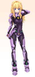 Rule 34 | 1girl, bernadette le tigre de la riviere, blonde hair, blue eyes, bodysuit, breasts, cameltoe, character request, covered erect nipples, highres, long hair, muv-luv, muv-luv alternative, navel, pilot suit, scharfschutze, shiny clothes, simple background, skin tight, small breasts, smile, solo, standing, the euro front