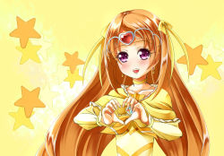 Rule 34 | 10s, 1girl, bow, brooch, choker, circlet, cure muse, cure muse (yellow), earrings, eyelashes, hair ribbon, heart, heart hands, jewelry, long hair, magical girl, orange hair, precure, purple eyes, ribbon, shirabe ako, smile, solo, star (symbol), starry background, suite precure, taiyaki a, yellow background, yellow theme