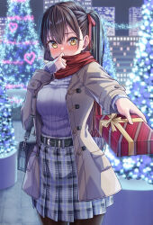 Rule 34 | 1girl, bag, belt, black bag, black belt, black pantyhose, blush, brown coat, brown hair, city lights, cityscape, coat, covering own mouth, gift, gradient sky, grey skirt, grey sweater, hair between eyes, hair ribbon, high-waist skirt, highres, hirorinwelcome, holding, holding gift, incoming gift, long hair, looking at viewer, night, night sky, one side up, open clothes, open coat, original, outdoors, pantyhose, plaid, plaid skirt, plant, pleated skirt, potted plant, red ribbon, red scarf, ribbon, scarf, shoulder bag, skirt, sky, sweater, tree, valentine, yellow eyes