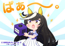 1girl :o absurdres ahoge animal_ears aonoji black_hair blunt_bangs bow bowtie calstone_light_o_(umamusume) ear_covers game_console gamecube highres hime_cut holding horse_ears horse_girl horse_tail horseshoe_ornament long_hair nintendo pleated_skirt puffy_short_sleeves puffy_sleeves purple_bow purple_bowtie purple_shirt sailor_collar sailor_shirt school_uniform shirt short_sleeves skirt solo striped_hair tail tracen_school_uniform umamusume white_skirt yellow_eyes