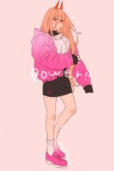 Rule 34 | 1girl, alternate costume, black dress, blush, breasts, chainsaw man, character name, cross-shaped pupils, dated, demon horns, dress, english text, full body, hair between eyes, highres, hmng, horns, jacket, long hair, long sleeves, looking at viewer, orange hair, pink background, pink footwear, pink jacket, power (chainsaw man), puckered lips, red eyes, shoes, short dress, simple background, sleeves past fingers, sleeves past wrists, small breasts, sneakers, socks, solo, standing, sweater, symbol-shaped pupils, thighs, turtleneck, turtleneck dress, white socks, white sweater
