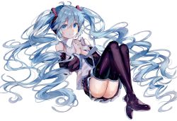 Rule 34 | 1girl, ass, blue eyes, blue hair, blush, commentary, curly hair, deep (deep4946), detached sleeves, english commentary, full body, hair ornament, own hands clasped, hatsune miku, highres, interlocked fingers, knees up, light blush, long hair, looking at viewer, lying, necktie, on back, own hands together, shirt, skirt, sleeveless, sleeveless shirt, smile, solo, star (symbol), star print, thighhighs, twintails, very long hair, vocaloid, white background, white shirt