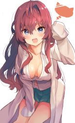 Rule 34 | 10s, 1girl, :3, :d, ahoge, blue eyes, blush, breasts, breasts apart, brown hair, cleavage, coat, collarbone, cowboy shot, downblouse, dress shirt, green skirt, hair intakes, hands in opposite sleeves, ichinose shiki, idolmaster, idolmaster cinderella girls, lab coat, leaning forward, long hair, long sleeves, looking at viewer, medium breasts, open clothes, open coat, open mouth, paw pose, shirt, skirt, sleeves past wrists, smile, solo, tetsujin momoko, white background, white shirt