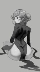 Rule 34 | 1girl, ass, black dress, closed mouth, commentary, curly hair, dress, english commentary, from behind, grey background, greyscale, highres, invisible chair, long sleeves, looking at viewer, looking back, mashingvaquita, monochrome, one-punch man, short hair, simple background, sitting, sketch, solo, tatsumaki, unfinished, wavy hair, wide hips