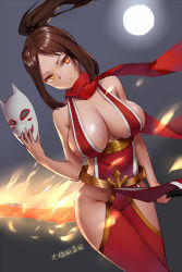 Rule 34 | 1girl, bad id, bad pixiv id, belt, breasts, brown hair, character request, da mao banlangen, flaming sword, flaming weapon, fox mask, full moon, halterneck, highres, holding, holding mask, holding sword, holding weapon, idle heroes, large breasts, looking at viewer, loose belt, mask, moon, night, ninja, no panties, orange hair, ponytail, red scarf, revealing clothes, scarf, smile, solo, sword, weapon