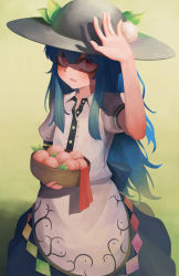 Rule 34 | 1girl, arm up, bad id, bad pixiv id, black hat, blue hair, bowl, collared shirt, food, fruit, hat, highres, hinanawi tenshi, holding, holding bowl, long hair, looking at viewer, ni (221), parted lips, peach, pink eyes, puffy short sleeves, puffy sleeves, shirt, short sleeves, solo, touhou, white shirt
