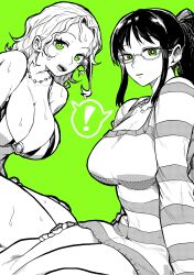 Rule 34 | 2girls, absurdres, black hair, breasts, glasses, greyscale with colored background, highres, jewelry, large breasts, looking at viewer, multiple girls, nami (one piece), necklace, nico robin, one piece, one piece: strong world, open mouth, ponytail, simple background, sweater, swimsuit, wet, wet hair, yotsumi shiro