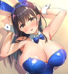 Rule 34 | 1girl, animal ears, armpit peek, arms up, blue bow, blue bowtie, blue hairband, blue leotard, blush, bow, bowtie, breasts, brown eyes, brown hair, cleavage, commentary request, detached collar, drop shadow, fake animal ears, gradient background, hairband, hand in own hair, head tilt, huge breasts, leotard, long hair, looking at viewer, nanase meruchi, open mouth, playboy bunny, rabbit ears, simple background, solo, toranoana, upper body, wall, wavy mouth, wrist cuffs