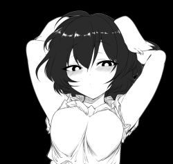 Rule 34 | 1girl, alternate breast size, armpits, arms behind head, arms up, blush, breasts, bright pupils, closed mouth, commentary, dress, expressionless, greyscale, hair between eyes, inaba tewi, large breasts, looking at viewer, mizuga, monochrome, short hair, simple background, solo, symbol-only commentary, touhou, upper body