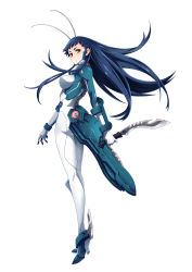 Rule 34 | 1girl, absurdres, antennae, armor, armored boots, bai hua, blue hair, bodysuit, boots, closed mouth, expressionless, floating hair, from side, full body, gloves, high heel boots, high heels, highres, holding, holding sword, holding weapon, long hair, looking away, mecha musume, official art, red eyes, school shock, shiny clothes, simple background, skin tight, solo, standing, sword, turtleneck, vambraces, weapon, white background