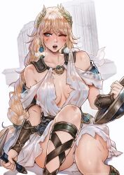 Rule 34 | 1girl, ancient greek clothes, blonde hair, colored skin, greco-roman clothes, green eyes, highres, magion02, open mouth, shield, solo, sophitia alexandra, soul calibur, sword, torn clothes, weapon, white skin