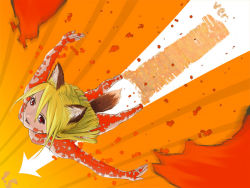 Rule 34 | 1girl, animal ears, arrow (symbol), blonde hair, breasts, fox ears, fox tail, from above, mozilla firefox, orange background, orange theme, os-tan, personification, perspective, red eyes, short hair, small breasts, smile, solo, tail