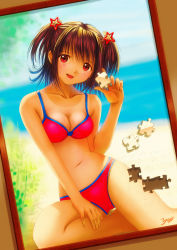 Rule 34 | 1girl, beach, bikini, blush, breasts, brown hair, cleavage, collarbone, day, female focus, hair ornament, highres, jigsaw puzzle, kobayashi yuji, navel, ocean, one-piece tan, puzzle, red bikini, red eyes, signature, sitting, small breasts, smile, solo, star (symbol), swimsuit, tan, tanline, twintails, water
