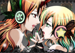 Rule 34 | 2girls, bare shoulders, blonde hair, bug, butterfly, butterfly hair ornament, eye contact, face-to-face, female focus, green eyes, green nails, hair ornament, holding hands, hazuki kasane, headphones, horns, hoshiguma yuugi, bug, lipstick, looking at another, magnet (vocaloid), makeup, mizuhashi parsee, multiple girls, nail polish, orange hair, parody, red eyes, red nails, single horn, touhou, vocaloid, yuri