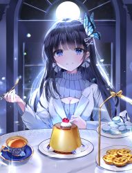 Rule 34 | 1girl, absurdres, aoi nabi, bad id, bad pixiv id, black hair, bow, bow earrings, breasts, butterfly hair ornament, cherry, cleavage, cleavage cutout, clothing cutout, cup, desk, dessert, earrings, egg tart, food, fruit, hair ornament, highres, holding, holding spoon, indie virtual youtuber, indoors, jewelry, long hair, looking at viewer, macaron, moonlight, night, night sky, pov across table, pudding, round table, shan (ti0n), shirt, sky, small breasts, smile, solo, spoon, sweater, table, tea, teacup, tiered tray, virtual youtuber, white shirt, white sweater, window