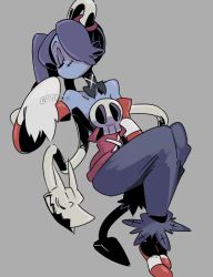 Rule 34 | 1girl, 770mk, bare shoulders, blue hair, blue skin, breasts, cleavage, colored skin, detached collar, detached sleeves, hair over one eye, leviathan (skullgirls), long skirt, medium breasts, purple hair, side ponytail, skirt, skull, skullgirls, squigly (skullgirls), stitched mouth, stitches, striped legwear, striped sleeves, zombie