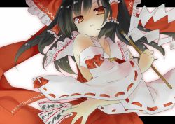Rule 34 | 1girl, amane (amnk1213), black hair, bow, crossed arms, detached sleeves, floating hair, from below, gohei, hair bow, hair tubes, hakurei reimu, half-closed eyes, holding, holding paper, japanese clothes, looking at viewer, looking down, miko, ofuda, paper, parted lips, red eyes, ribbon-trimmed sleeves, ribbon trim, serious, solo, touhou, tsurime, wide sleeves, yin yang