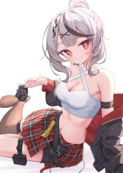 Rule 34 | 1girl, bare shoulders, black hair, black jacket, braid, breasts, brown thighhighs, cleavage, collar, unworn collar, crop top, grey hair, highres, holding, holding collar, hololive, jacket, long hair, long sleeves, looking at viewer, medium breasts, midriff, multicolored hair, navel, no shoes, open clothes, open jacket, plaid, plaid skirt, ponytail, puffy long sleeves, puffy sleeves, quarterlift, red eyes, red skirt, sakamata chloe, shirt, simple background, single thighhigh, sitting, skirt, smile, solo, streaked hair, thigh strap, thighhighs, virtual youtuber, white background, white shirt