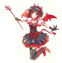 Rule 34 | 1girl, belt, black gloves, black hair, demon girl, demon horns, demon tail, demon wings, dress, female focus, full body, gloves, high heels, horns, iesupa, polearm, red dress, ruby rose, rwby, simple background, solo, tail, thighhighs, trident, weapon, white background, wings