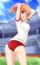 Rule 34 | &gt;:o, 1girl, :o, ace academy, adjusting hair, arms up, ass, blush, breasts, buruma, cowboy shot, day, gym uniform, highres, itami kaori, large breasts, looking at viewer, nose blush, open mouth, orange eyes, orange hair, ponytail, short hair, short sleeves, solo, stadium, sunlight, sweat, the-sinner, v-shaped eyebrows