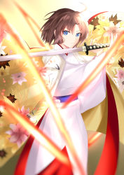 Rule 34 | 1girl, absurdres, blurry, brown hair, clematis (flower), depth of field, fate/grand order, fate (series), flower, flower request, highres, japanese clothes, kara no kyoukai, katana, keisuke desu~, kimono, looking at viewer, multicolored eyes, obi, ryougi shiki, sash, short hair, solo, sword, weapon, wide sleeves