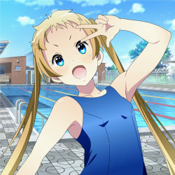 Rule 34 | 10s, 1girl, blonde hair, blue eyes, breasts, chuunibyou demo koi ga shitai!, collarbone, day, dekomori sanae, long hair, looking at viewer, one-piece swimsuit, open mouth, outdoors, pool, school swimsuit, small breasts, solo, spiceg, swimsuit, twintails, upper body