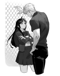 1boy 1girl absurdres blazer bow chain-link_fence cowboy_shot crossed_arms fence greyscale hand_on_own_hip height_difference highres jacket jiangyiting17 long_hair long_sleeves looking_at_another love_and_deepspace monochrome pants pleated_skirt protagonist_(love_and_deepspace) shirt short_hair skirt sylus_(love_and_deepspace) t-shirt