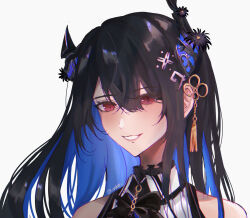 Rule 34 | 1girl, asymmetrical horns, black hair, blue hair, close-up, collar, collared shirt, colored inner hair, demon horns, hair ornament, highres, hololive, hololive english, horns, long hair, looking at viewer, lunatier, mole, mole under eye, multicolored hair, nerissa ravencroft, nerissa ravencroft (1st costume), open mouth, portrait, red eyes, shirt, smile, solo, tassel, two-tone hair, uneven horns, virtual youtuber