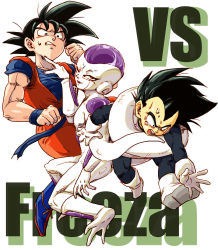 Rule 34 | 3boys, ;), black eyes, black hair, boots, character name, clenched hand, commentary request, d:, dougi, dragon ball, dragonball z, frieza, full body, gloves, looking at another, looking at viewer, looking down, male focus, multiple boys, nervous, one eye closed, open mouth, outstretched arms, red eyes, senka-san, short hair, simple background, smile, son goku, spiked hair, sweatdrop, tail, tears, vegeta, vs, white background, wristband