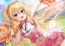 Rule 34 | 1girl, :d, absurdres, ahoge, blonde hair, blurry, blurry background, blush, cheerleader, commission, confetti, crop top, dated commentary, day, highres, holding, holding pom poms, lens flare, long hair, navel, open mouth, orange eyes, original, outdoors, pink shirt, pink skirt, pleated skirt, pom pom (cheerleading), pom pom (clothes), pom poms, shirt, skeb commission, skirt, sky, smile, solo, stadium, two side up, very long hair, yam (yamap mako)