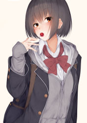 Rule 34 | 1girl, bag, blush, brown eyes, brown hair, buttons, cherry, food, fruit, highres, jacket, looking at viewer, mouth hold, original, rerrere, school bag, school uniform, short hair, simple background, solo, upper body, zipper