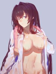 Rule 34 | 1girl, absurdres, black hair, breasts, dress shirt, covered erect nipples, fate/grand order, fate (series), hair intakes, highres, large breasts, long hair, looking at viewer, naked shirt, out-of-frame censoring, purple eyes, red cucumber, scathach (fate), scathach (fate), shirt, solo, towel, towel around neck, very long hair, wet, wet clothes, white shirt