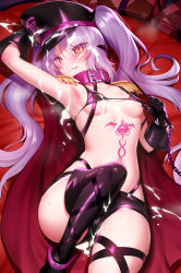 Rule 34 | 1girl, bare shoulders, bdsm, bikini, black bikini, black hat, blush, boots, breasts, cape, chain, closed mouth, collar, collarbone, cum, epaulettes, euryale (fate), fate/hollow ataraxia, fate (series), gloves, hat, highres, knee up, licking lips, long hair, looking at viewer, lying, m-da s-tarou, micro bikini, navel, on back, peaked cap, purple hair, riding crop, short shorts, shorts, slit pupils, small breasts, solo, stomach tattoo, swimsuit, tattoo, thigh boots, thighhighs, thighs, tongue, tongue out, twintails, very long hair, yellow eyes