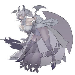 Rule 34 | 1girl, armlet, ass, breasts, cleavage, dark-skinned female, dark skin, dress, drill hair, green eyes, grey dress, grey hair, grey thighhighs, grin, high heels, highleg, highres, large breasts, lovely labrynth of the silver castle, low wings, medium hair, obi, original, sash, see-through, senjo, simple background, slit pupils, smile, solo, standing, strapless, strapless dress, thighhighs, thighs, twin drills, white background, wings