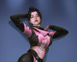 Rule 34 | 1girl, adapted costume, apex legends, arm behind head, belt, black belt, black hair, blue background, blue eyes, breasts, cable, cropped jacket, highres, jacket, medium breasts, midriff, navel, parted bangs, parted lips, peter xiao, pink jacket, realistic, solo, void specialist wraith, wraith (apex legends)