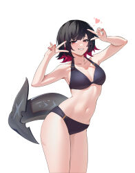 1girl 778_(fan7) absurdres art_study bikini black_bikini black_hair breasts colored_inner_hair commentary_request double_v ellen_joe fingernails fins fish_tail heart highres looking_at_viewer medium_breasts multicolored_hair nail_polish navel red_hair red_nails shark_girl shark_tail short_hair simple_background smile solo standing swimsuit tail two-tone_hair v white_background zenless_zone_zero