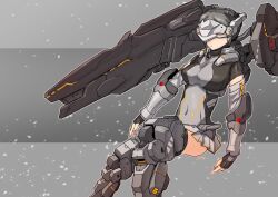 Rule 34 | 1girl, absurdres, armor, breasts, eyeless female, fingerless gloves, gloves, grey background, grey hair, headset, highres, huge weapon, joints, large breasts, mecha, original, robot, robot joints, seibi hanchou, serious, short hair, tagme, weapon