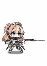 Rule 34 | 1girl, ahoge, animated, animated gif, armor, armored boots, armored dress, bayonet, blonde hair, blue eyes, blush, blush stickers, body armor, bodysuit, boots, breasts, brown dress, cleavage, cleavage cutout, closed mouth, clothing cutout, coilgun, corset, dao (weapon), detached collar, detached sleeves, dress, drooping, energy blade, full body, gewehr 88, girls&#039; frontline, gun, hair ornament, hanyang type 88 (girls&#039; frontline), hanyang type 88 (mod3) (girls&#039; frontline), headdress, holding, holding gun, holding weapon, knee boots, large breasts, long hair, lowres, magnetic weapon, military, military uniform, necktie, official alternate costume, one side up, rifle, rocket, saru, science fiction, scope, scouter, shoulder armor, simple background, sleeve cuffs, smile, sniper rifle, solo, sword, uniform, weapon, weapon on back, white background, white footwear, wrist cuffs