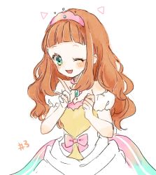 Rule 34 | 1girl, ;d, aikatsu! (series), aikatsu on parade!, aikatsu stars!, alternate hairstyle, bare shoulders, blunt bangs, blush, bow, choker, commentary, detached sleeves, dress, dress bow, episode number, fang, gem, green eyes, highres, index finger raised, koedo, long hair, one eye closed, open mouth, orange hair, pointing, pointing up, saotome ako, sidelocks, simple background, smile, solo, tiara, white background