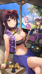 Rule 34 | 3girls, animal ears, arm up, between breasts, bikini, black bikini, black cat, black hair, blue eyes, blue sky, blush, breasts, cat, cellphone, chinese commentary, cleavage, closed eyes, clothing request, cloud, commentary request, copyright request, crossed legs, dio brando, discord logo, earrings, eko000ohce, eyewear on head, facing viewer, fake animal ears, food, fruit, heart, heterochromia, highres, holding, holding food, holding fruit, holding phone, holding surfboard, indie virtual youtuber, jewelry, jojo no kimyou na bouken, kirito, large breasts, lens flare, long hair, looking at object, looking at viewer, melon, mountainous horizon, multicolored hair, multiple girls, navel, necklace, ocean, open mouth, outdoors, palm tree, pepe the frog, phone, ponytail, purple eyes, purple scrunchie, rabbit ears, rubber duck, scrunchie, sitting, sky, smartphone, smile, star (symbol), stardust crusaders, stomach, streaked hair, sunglasses, surfboard, sweat, swimsuit, sword art online, teeth, thighs, tree, twitch logo, upper teeth only, virtual youtuber, wrist scrunchie, wristband, yellow eyes, zrush