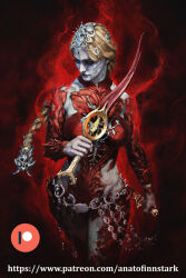 Rule 34 | 1girl, anato finnstark, baldur&#039;s gate, baldur&#039;s gate 3, bare shoulders, blonde hair, breasts, circlet, colored skin, commentary, dress, dual wielding, dungeons &amp; dragons, english commentary, grey skin, hair ornament, highres, holding, holding knife, knife, large breasts, long hair, low-braided long hair, low-tied long hair, orin the red, patreon logo, patreon username, red background, red dress, solo, watermark, web address